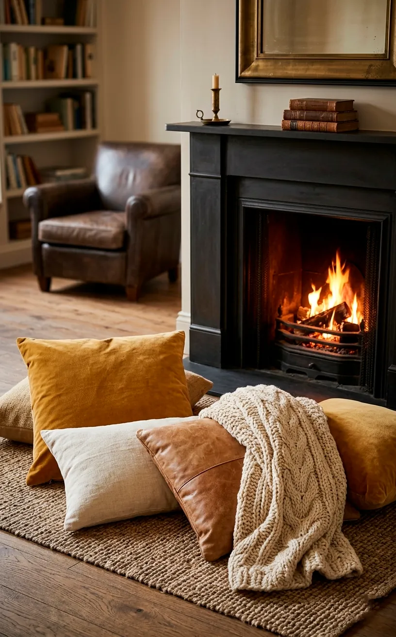 Group of large boho floor pillows and a knit blanket in front of a fire.