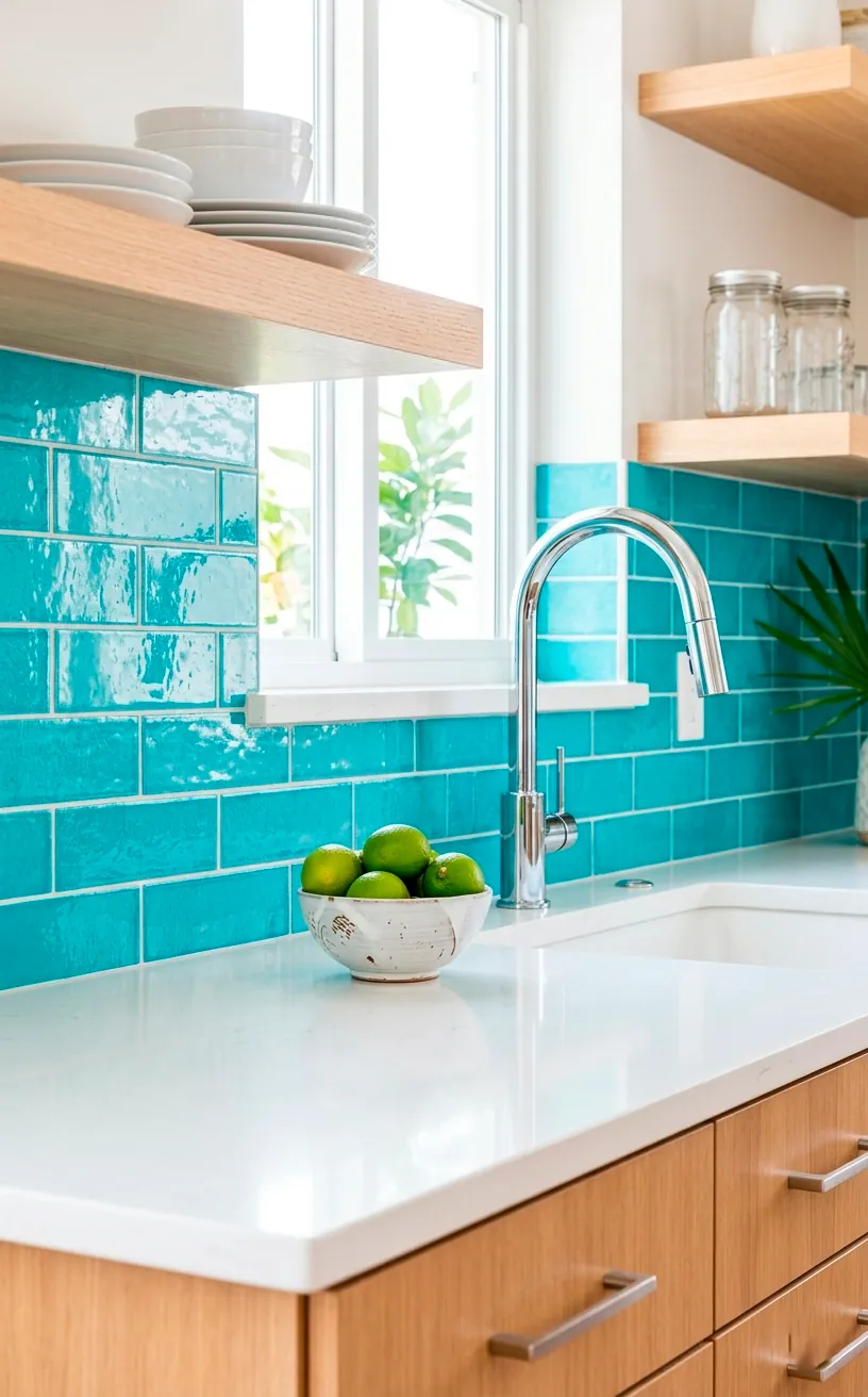 Bright turquoise tile backsplash in a modern white kitchen.