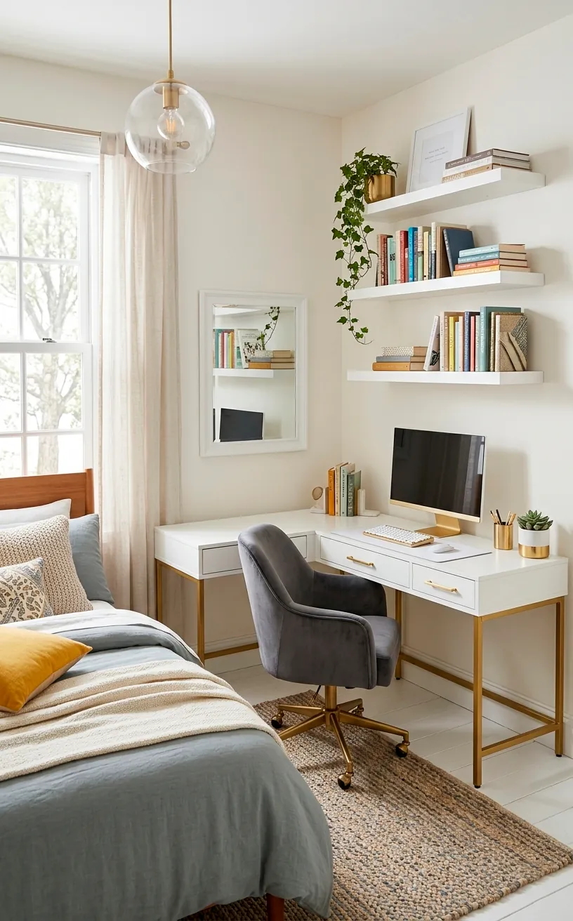 An L-shaped corner desk with floating shelves in a guest room, maximizing corner space.