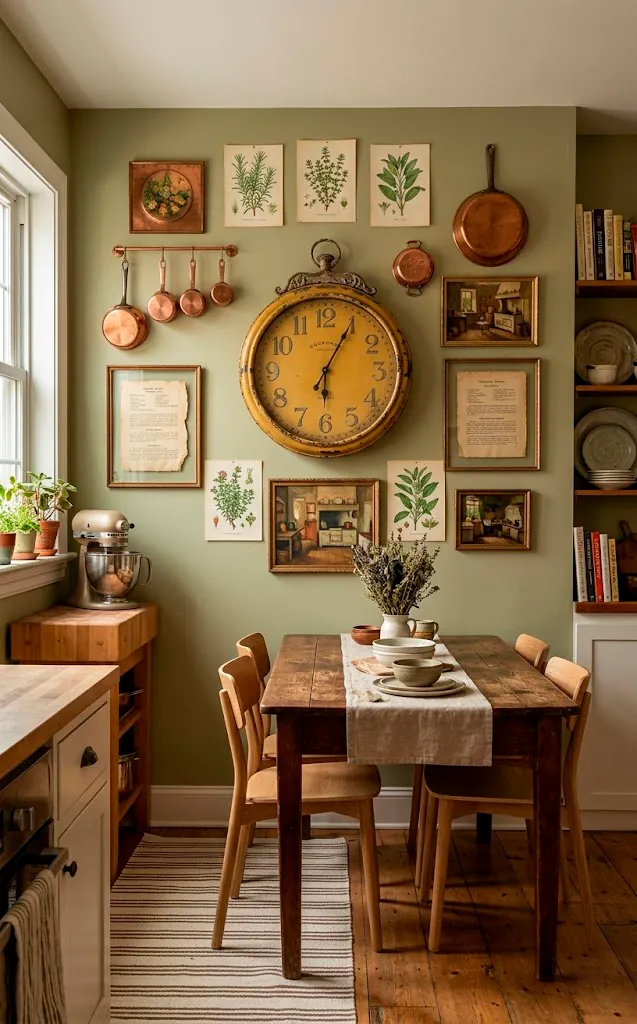 Vintage mustard yellow wall clock integrated into a kitchen gallery wall.