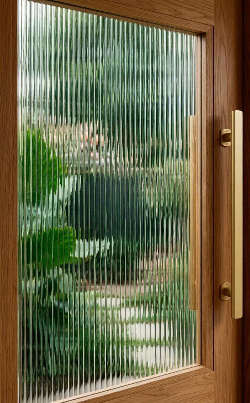 Reeded glass door panel with vertical texture and a gold designer handle.