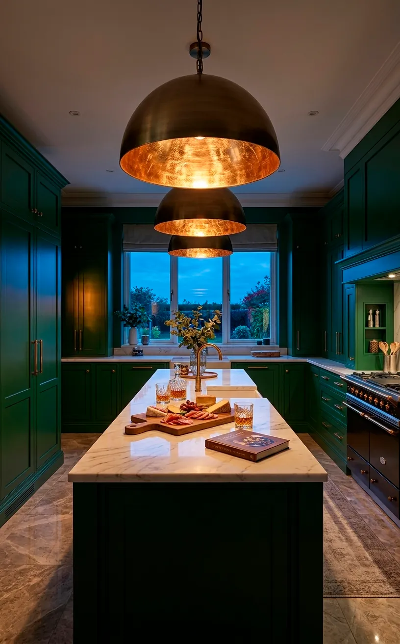 Brushed bronze pendant lights hanging over a marble island in a luxury green kitchen.