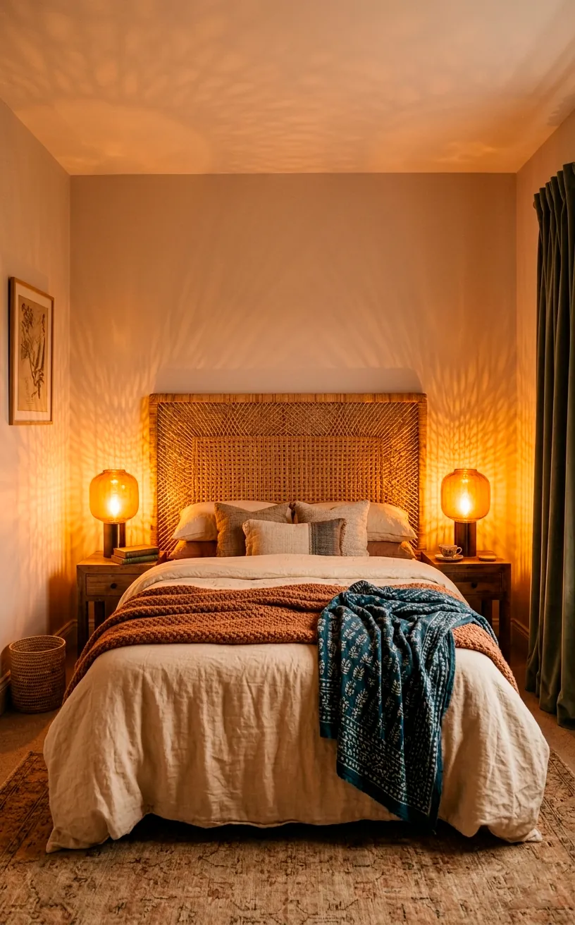 Nighttime bedroom scene with a rattan headboard casting shadows from warm bedside lamps.