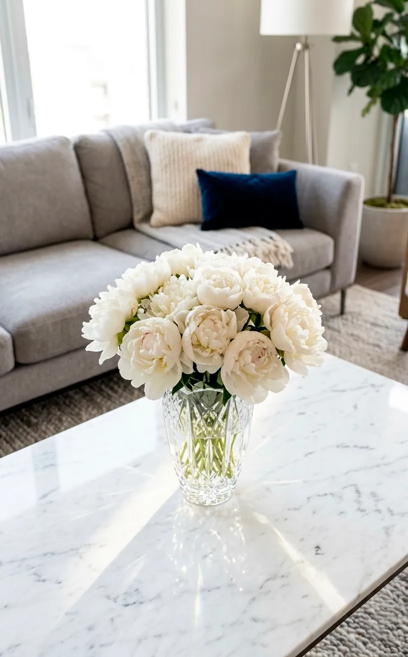 Large bouquet of white peonies in a glass vase on a marble table.