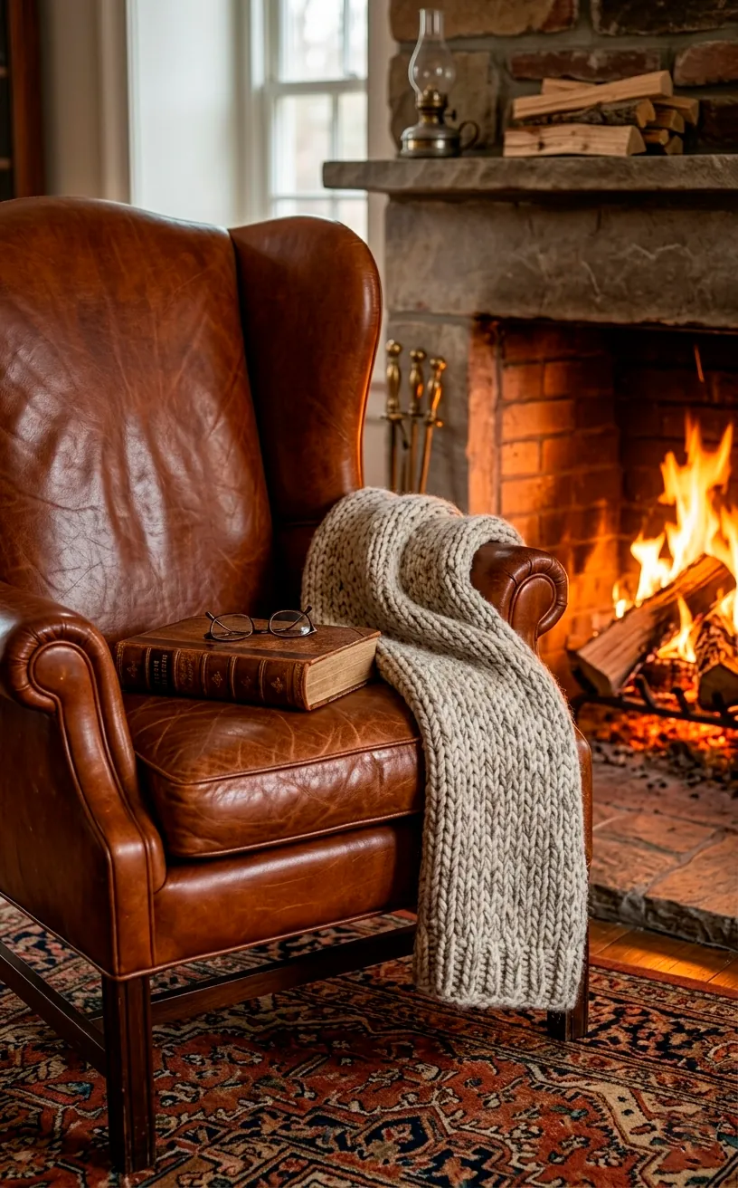 A cognac leather wingback chair by a stone fireplace in a library.