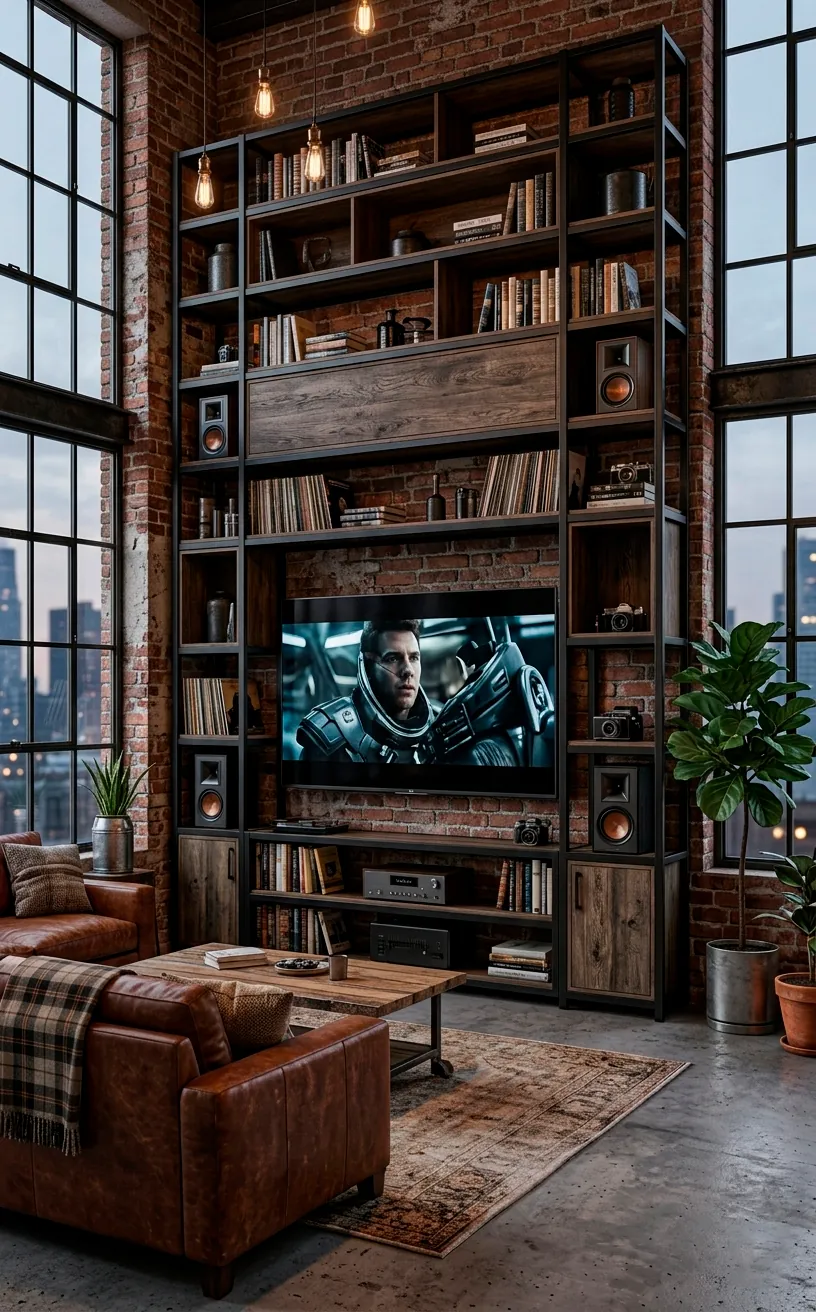 Industrial TV wall unit with matte black steel frames and dark wood shelves.