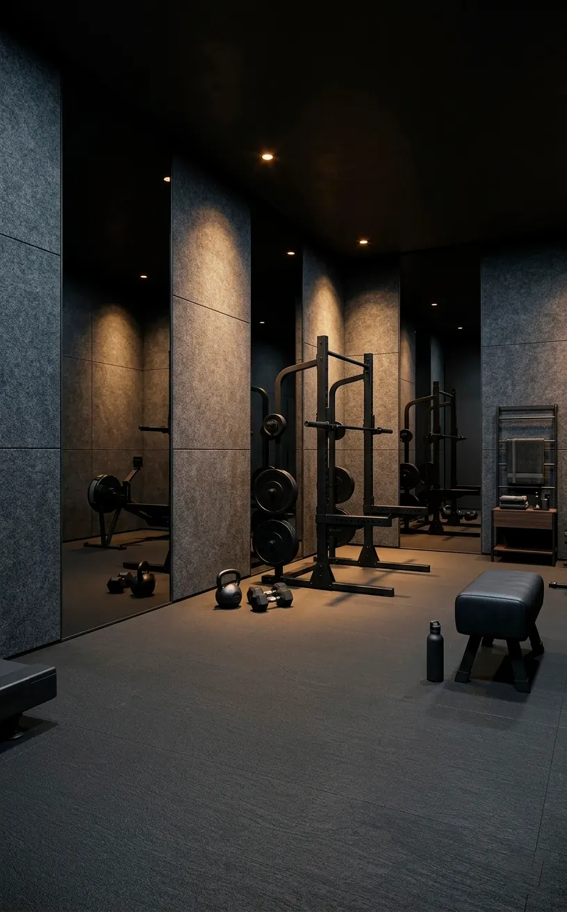 Moody charcoal grey home gym with slate acoustic panels and large wall mirrors.