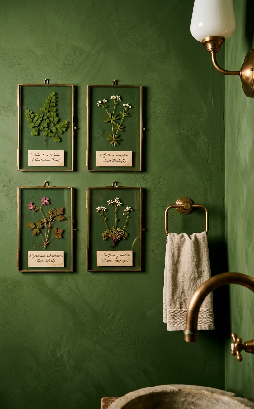 Pressed botanical specimens in floating glass frames on a moss green wall.