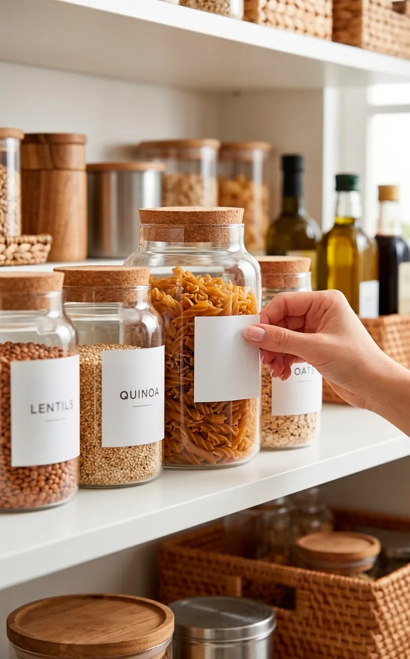 Hand applying a minimalist label to a glass pantry storage jar.
