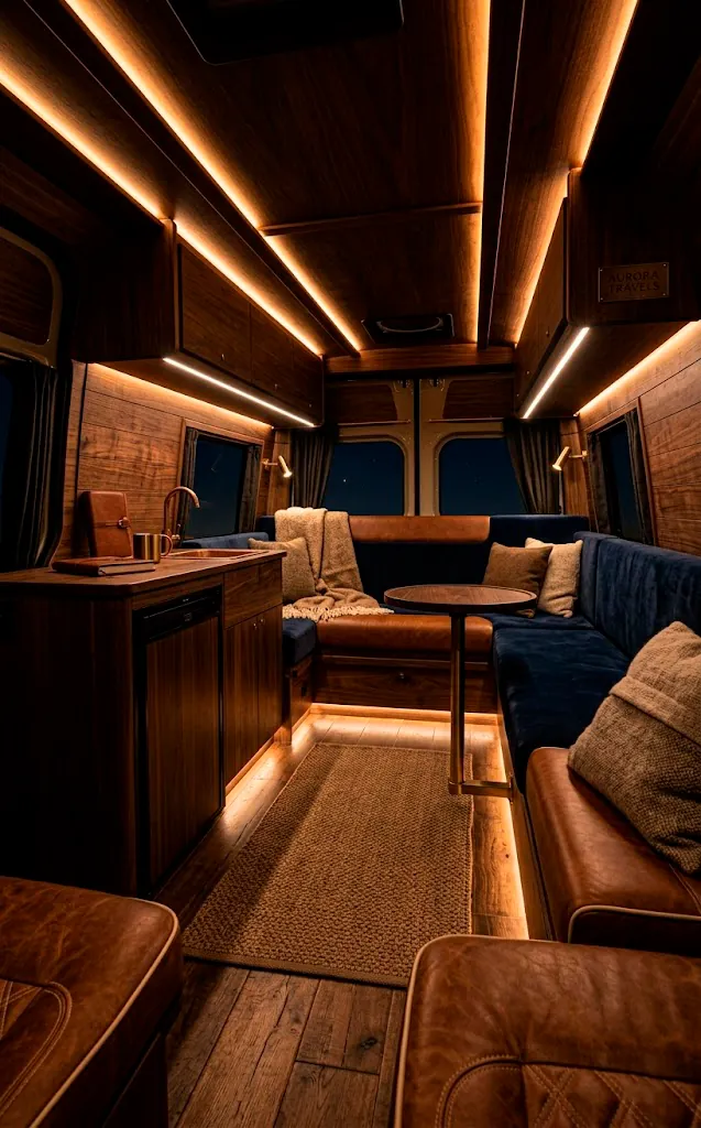 Nighttime van interior with professional recessed LED strip lighting.