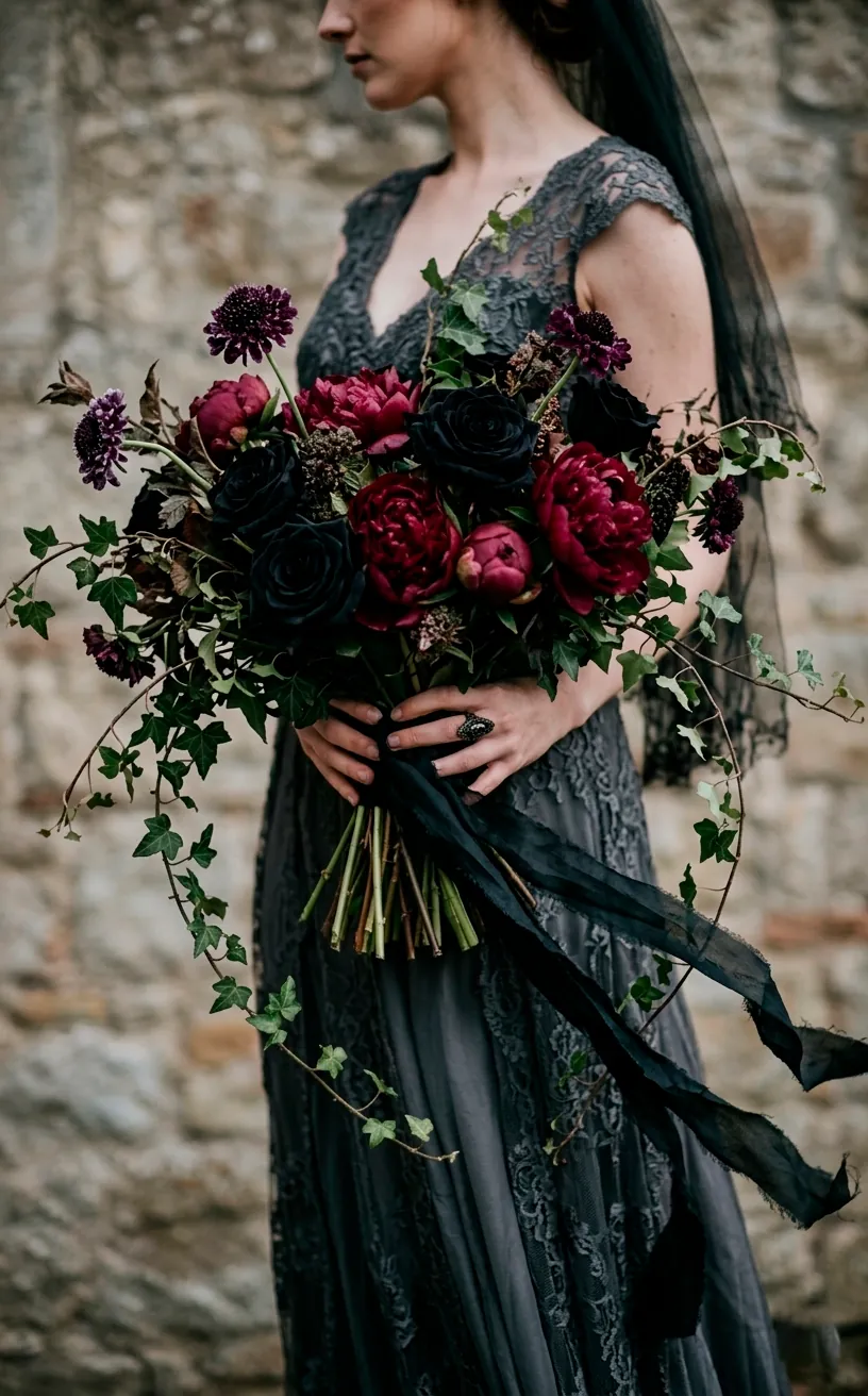 A large moody bridal bouquet with black roses, burgundy peonies, and trailing ivy.