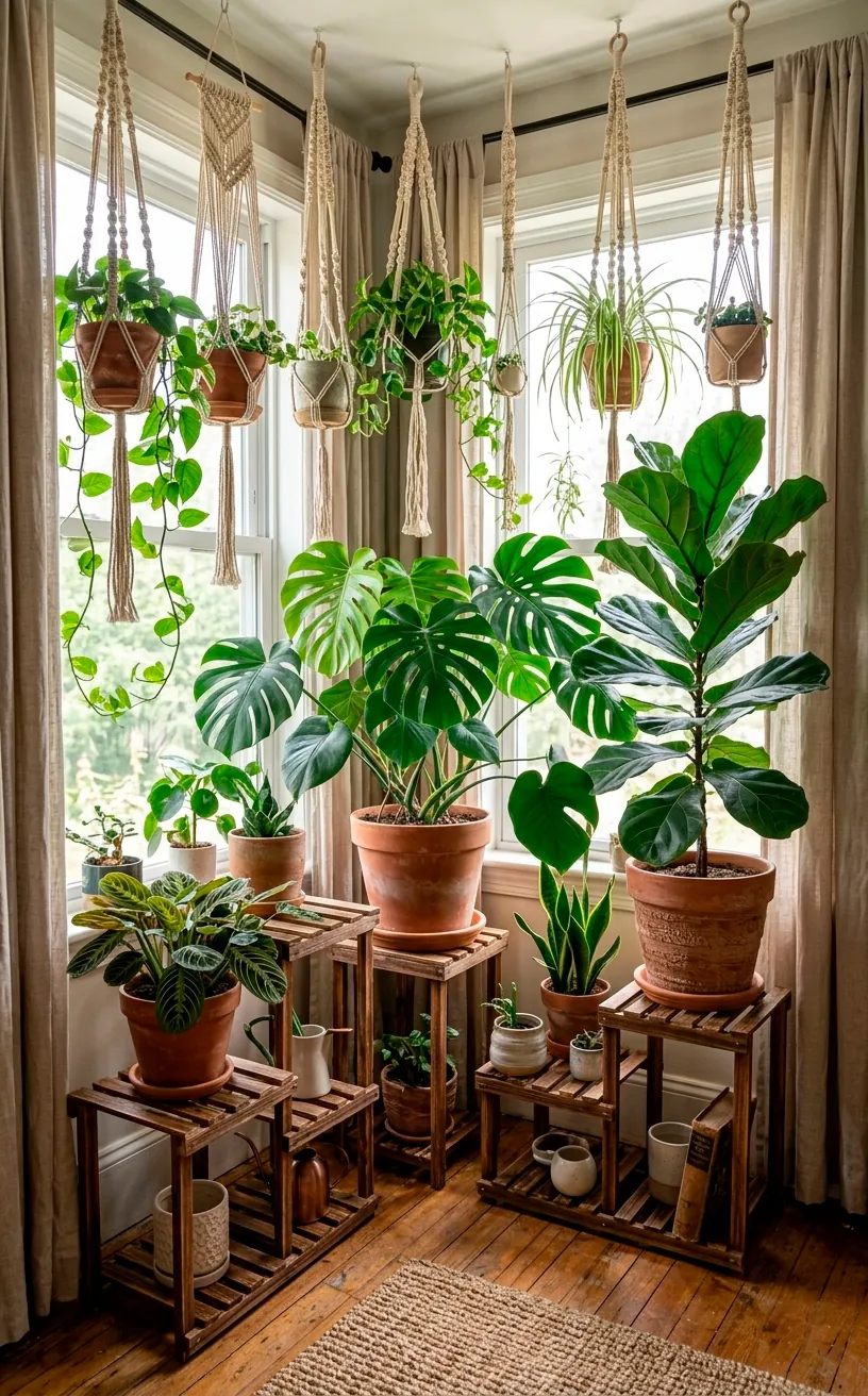 Indoor jungle corner with various tropical plants in terracotta pots.