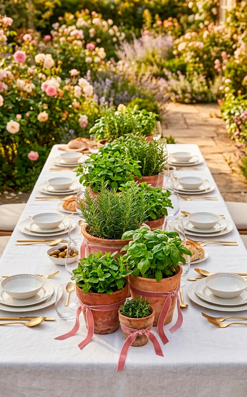 Potted herb centerpieces with rosemary and mint on a linen garden table.