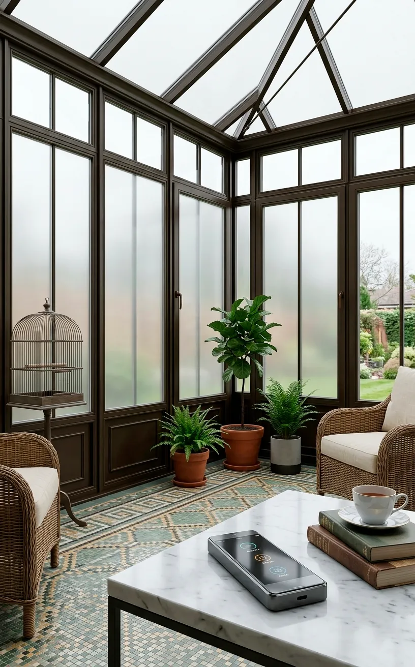 Smart glass windows in a Victorian sunroom transitioning from clear to opaque.