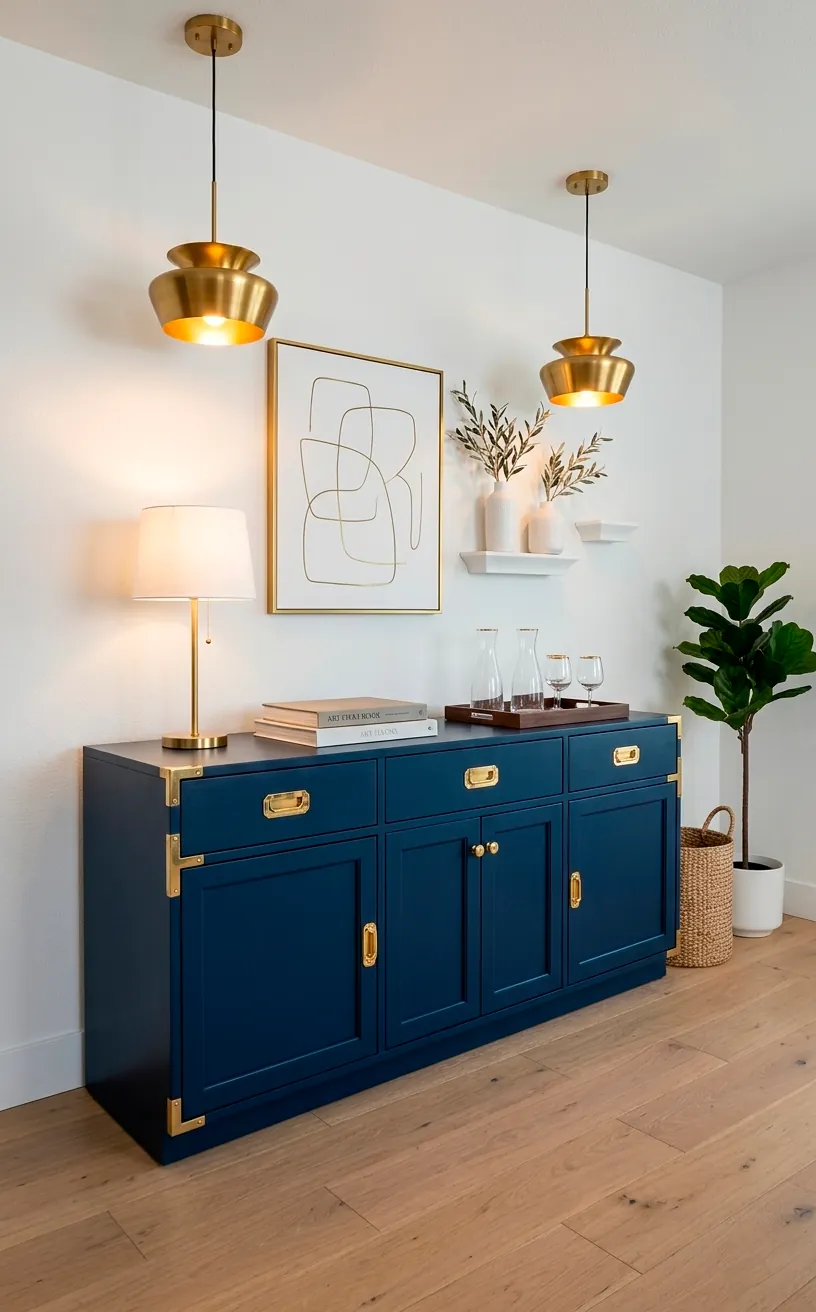 Navy blue buffet featuring elegant brushed brass handles and mid-century styling.