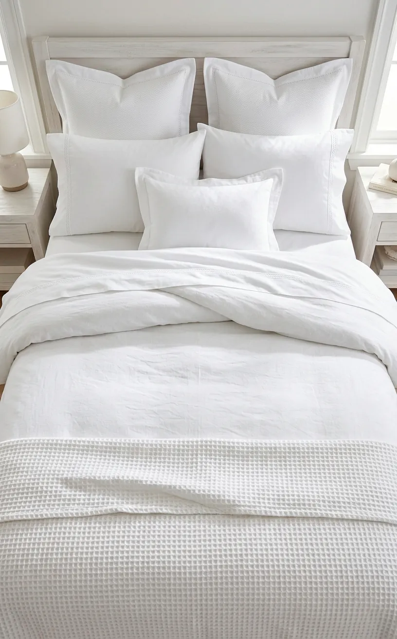 Top-down view of layered white bedding with different textures and fabrics for a cozy look.