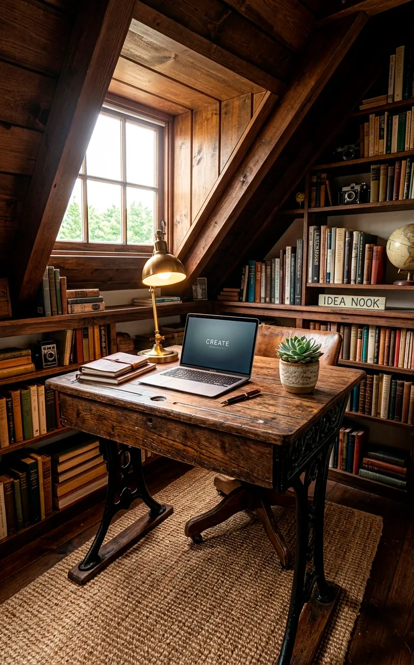 Repurposed vintage school desk used as a home office workstation in an attic.