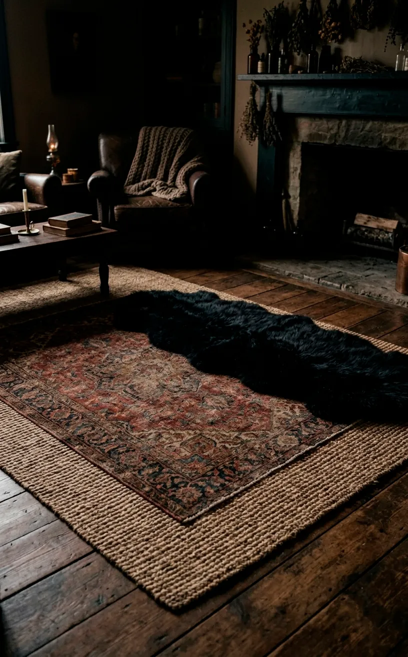 Layered rugs including jute, vintage Persian, and black faux-fur in a dark room.