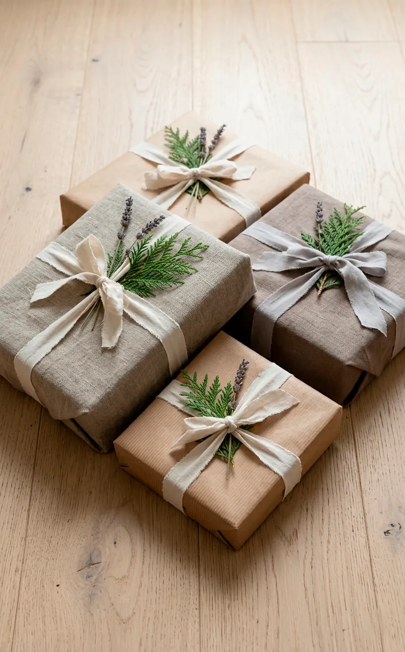 Gifts wrapped in sustainable fabric and kraft paper with botanical accents.