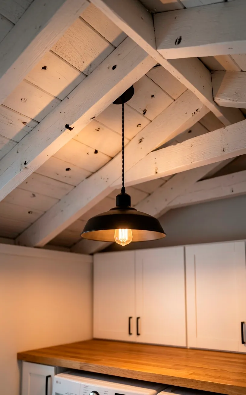 Black metal industrial pendant light fixture in a farmhouse laundry room.