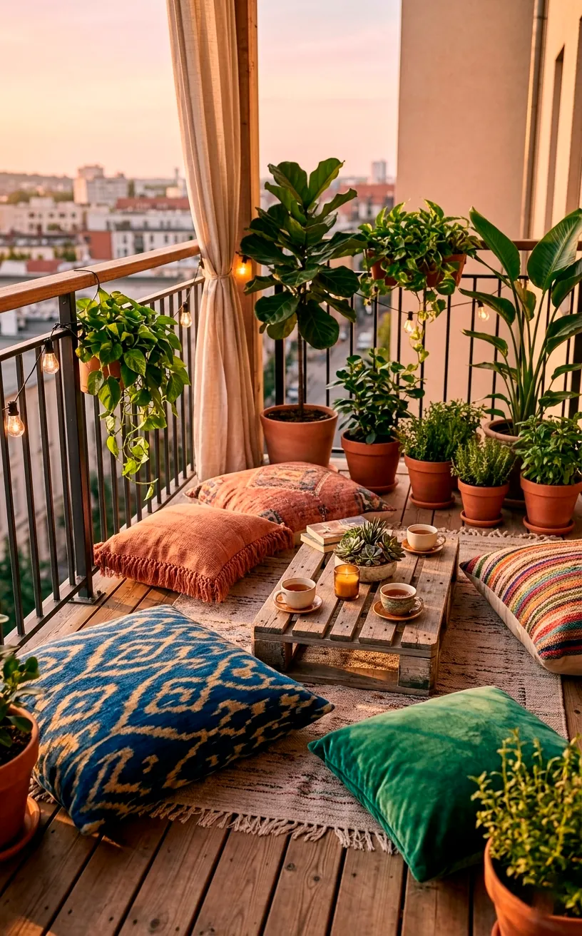 Cozy balcony floor seating with large outdoor pillows and a low table for a relaxed dinner.