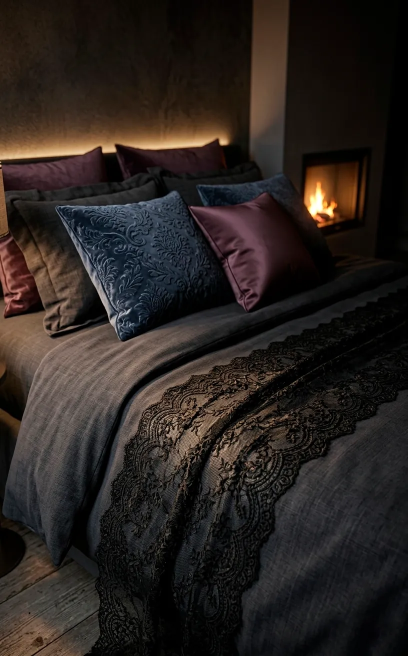 Layered bedroom textiles featuring black lace, velvet floral pillows, and silk shams.
