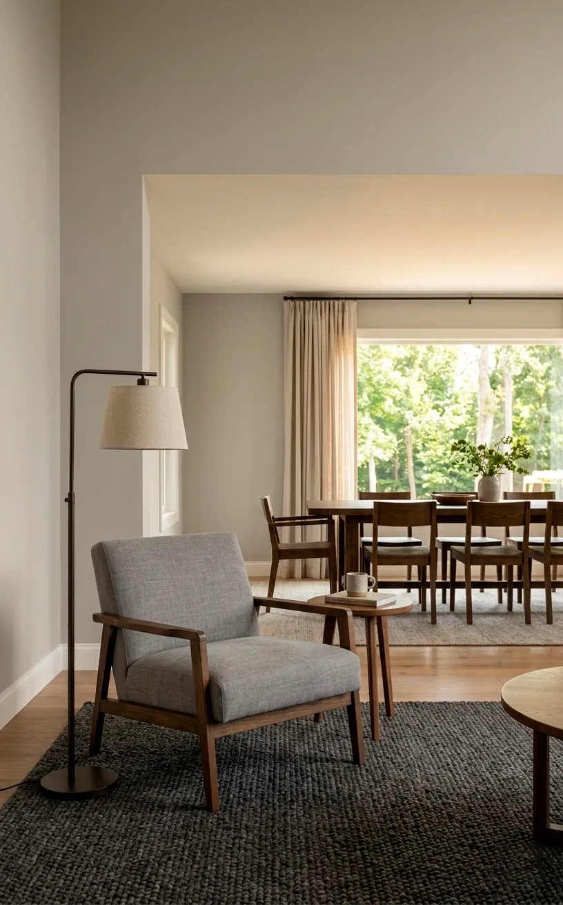 Large living room with Revere Pewter walls and dark oak flooring.