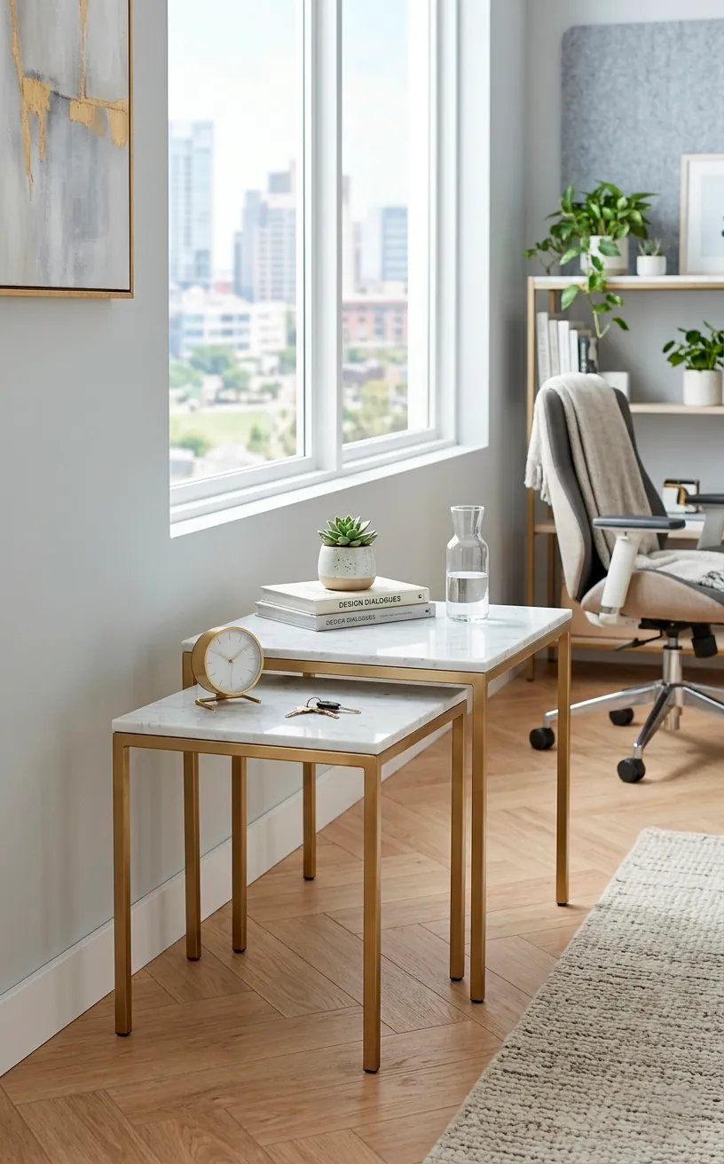 Elegant marble and gold nesting tables used as space-saving office side tables.