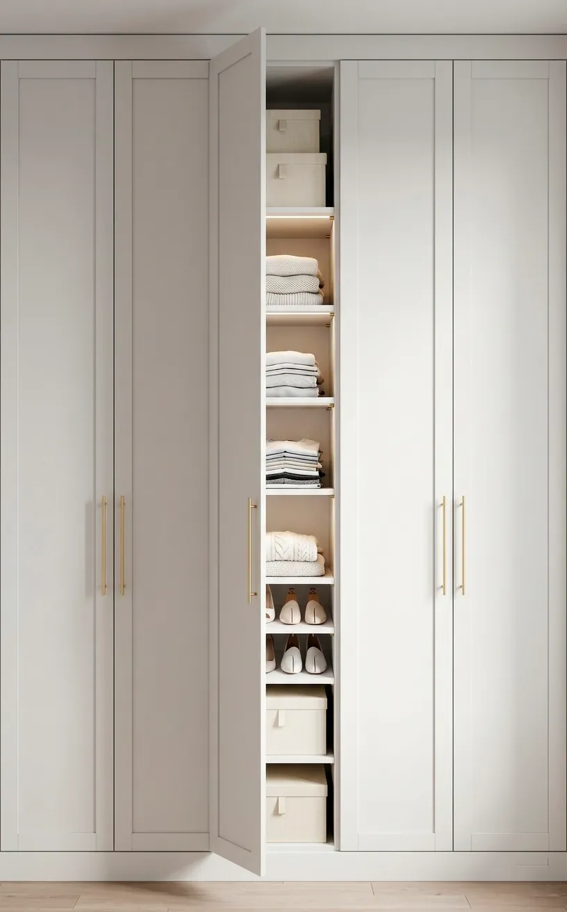 Floor-to-ceiling white built-in wardrobes with minimalist gold hardware.