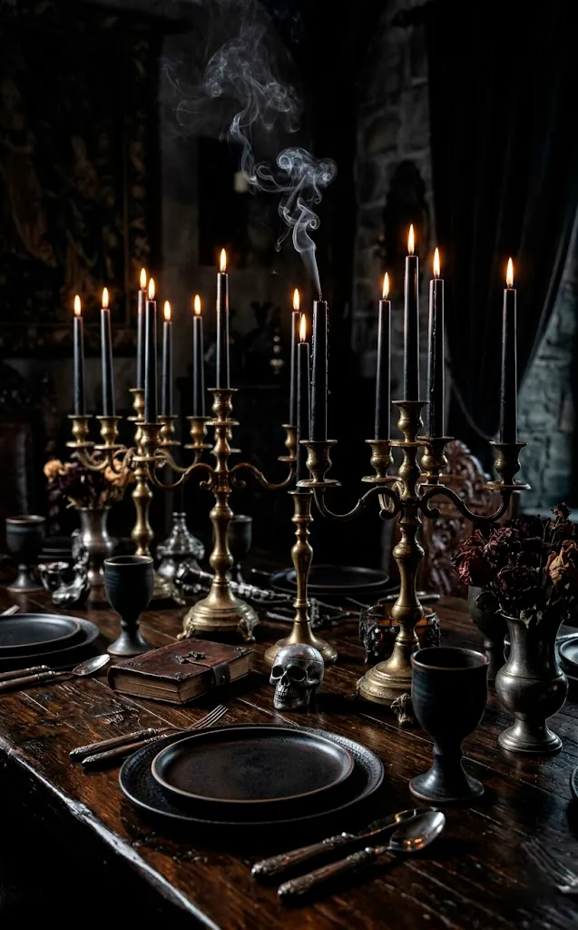 Gothic dining table with black taper candles in brass holders and silver cutlery.