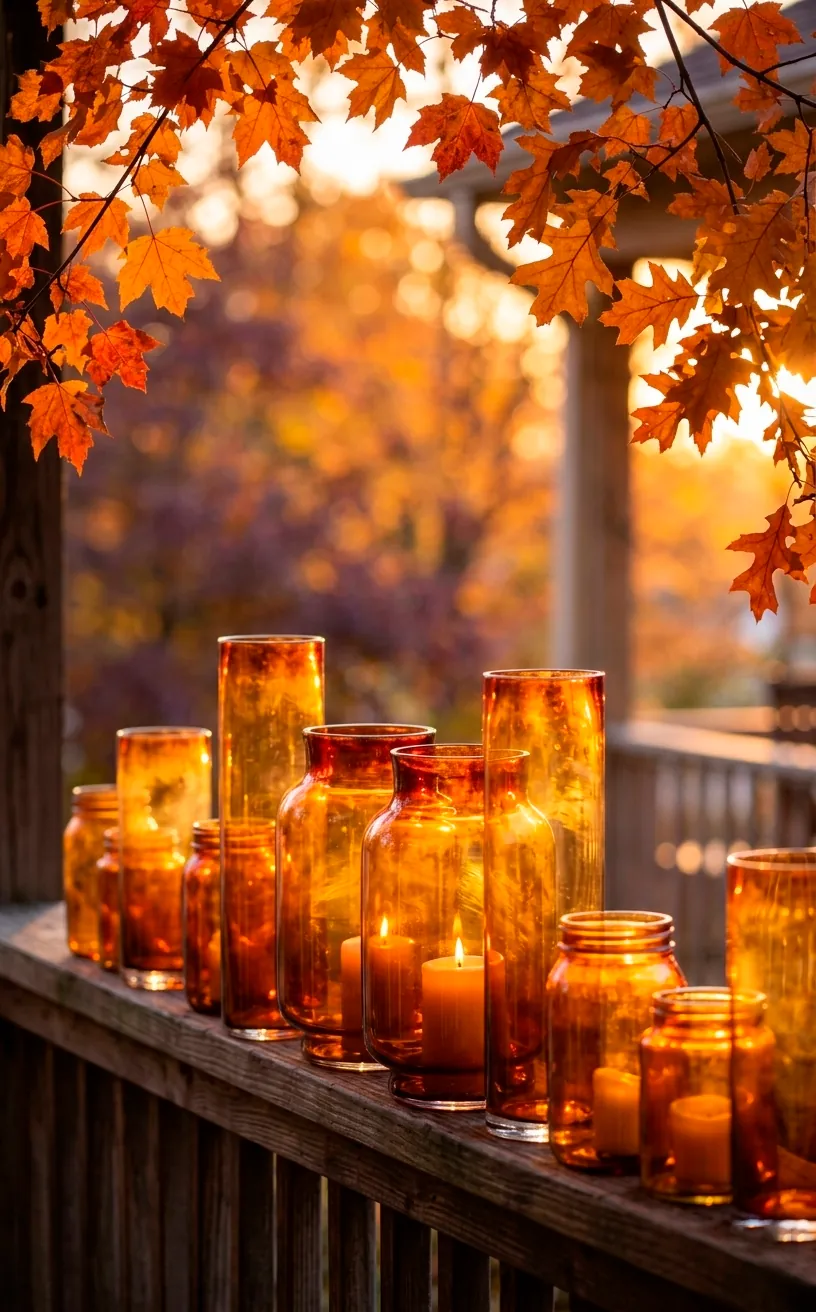 Amber glass hurricane vases glowing in the sunset on a porch.