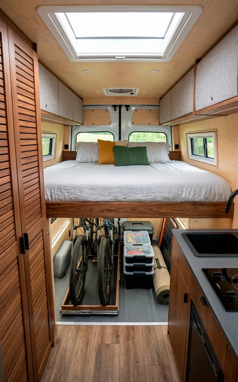 Fixed platform bed layout in a professional Sprinter van build.