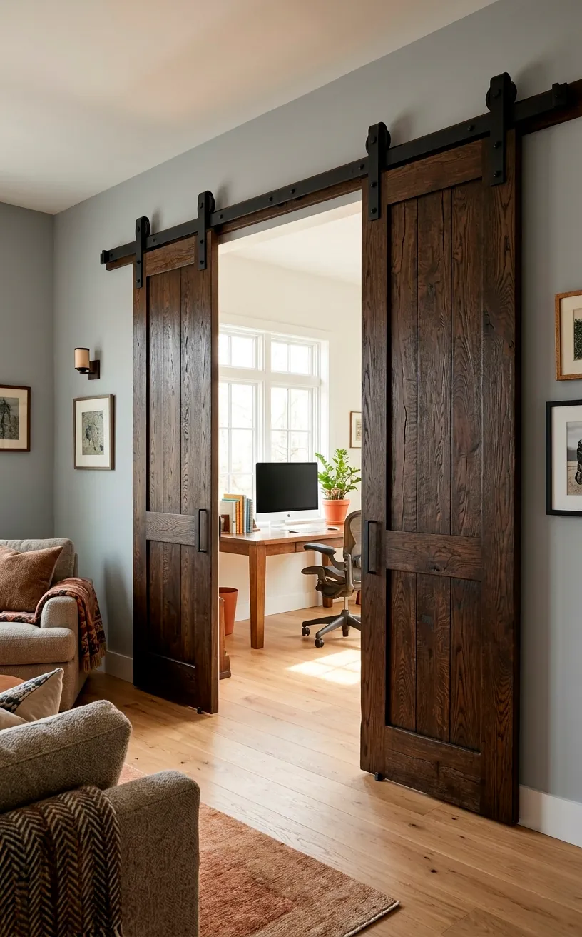 Double sliding barn doors with black hardware in a modern home.