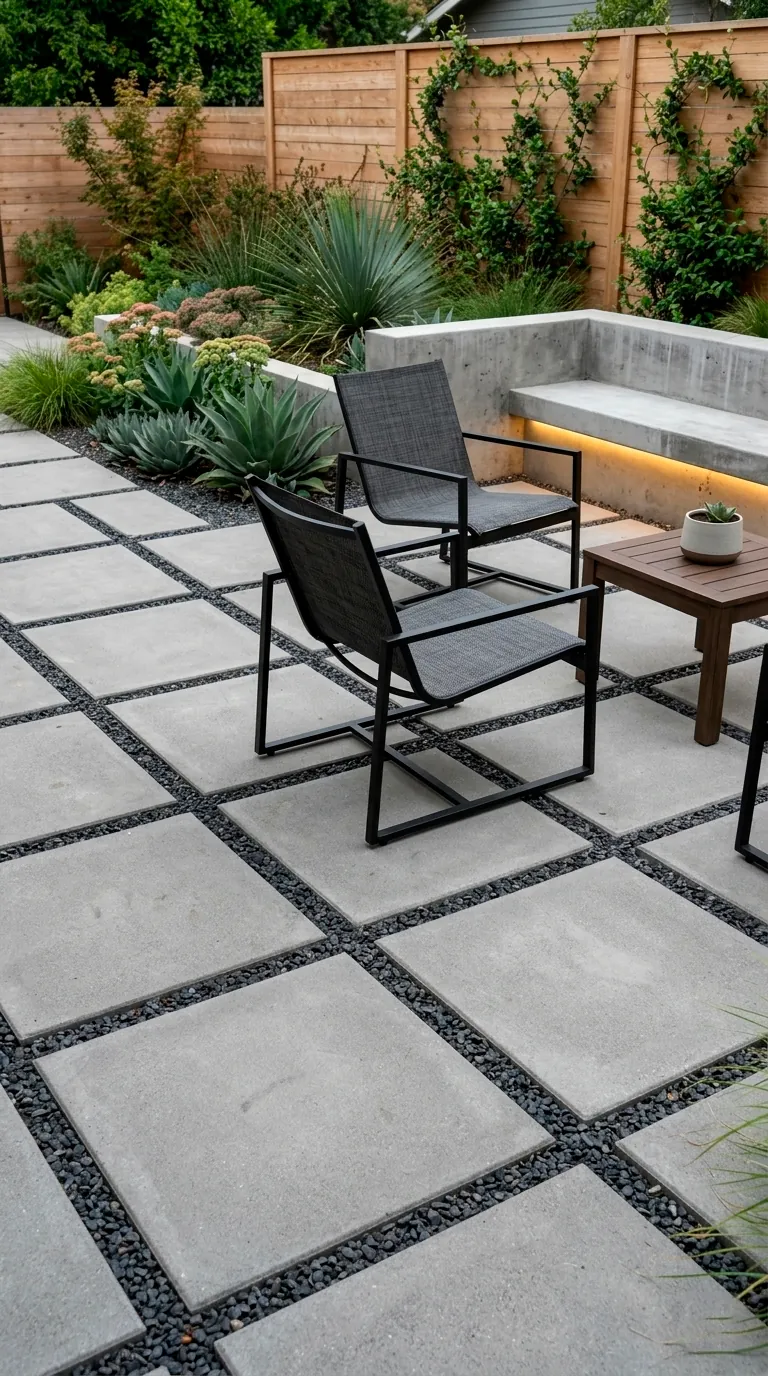 Oversized concrete pavers with dark gravel inlays in a modern grid.