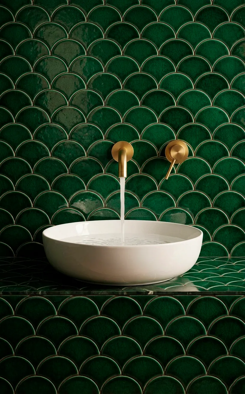 Emerald green fish scale wall tiles behind a gold faucet and white vessel sink.