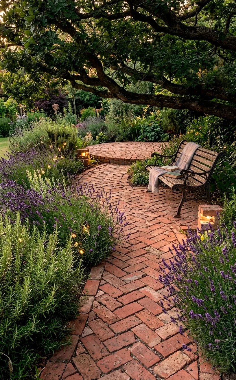 Garden path made of reclaimed terracotta bricks leading to a rustic seating area.