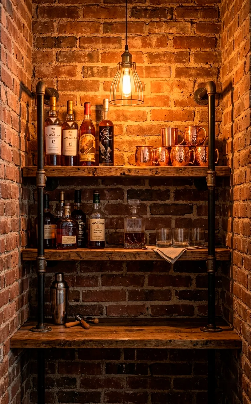 Industrial pipe and wood bar shelving on a red brick wall with copper mugs.