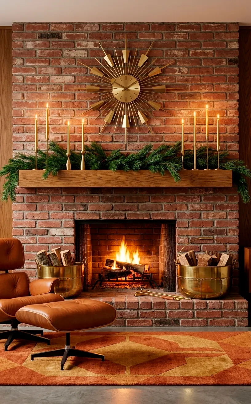 Large gold atomic starburst clock hanging above a decorated fireplace.