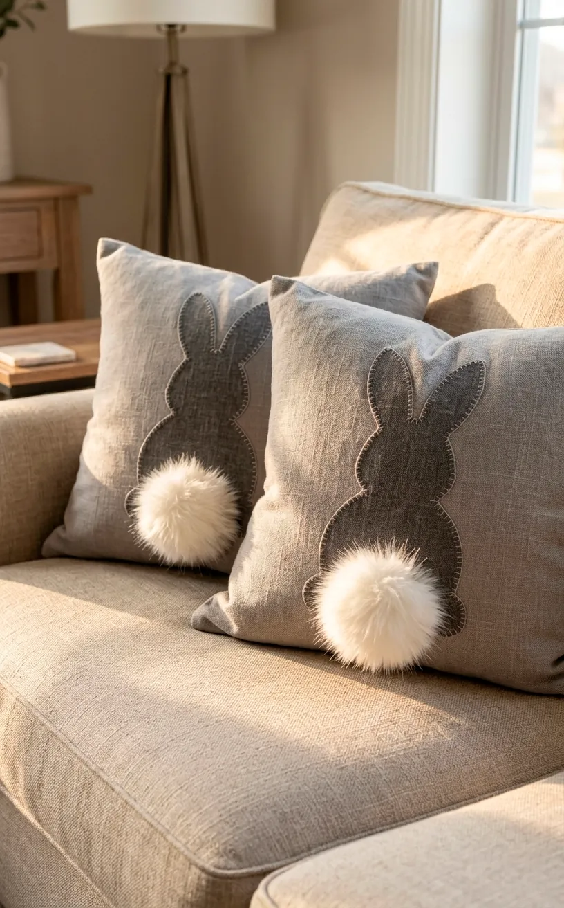 Linen throw pillows with bunny silhouettes and white pom-pom tails.