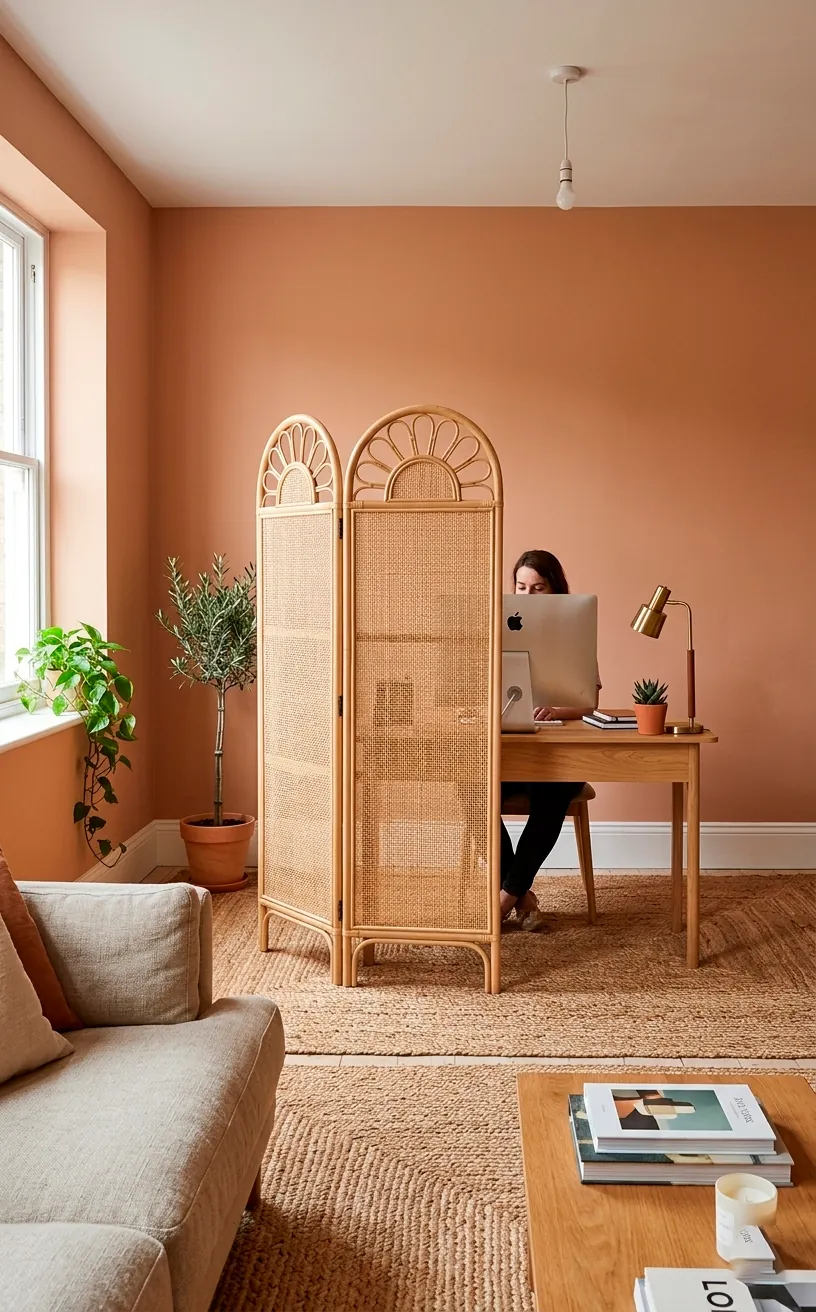 Three-panel rattan room divider used to zone a small living space gracefully.