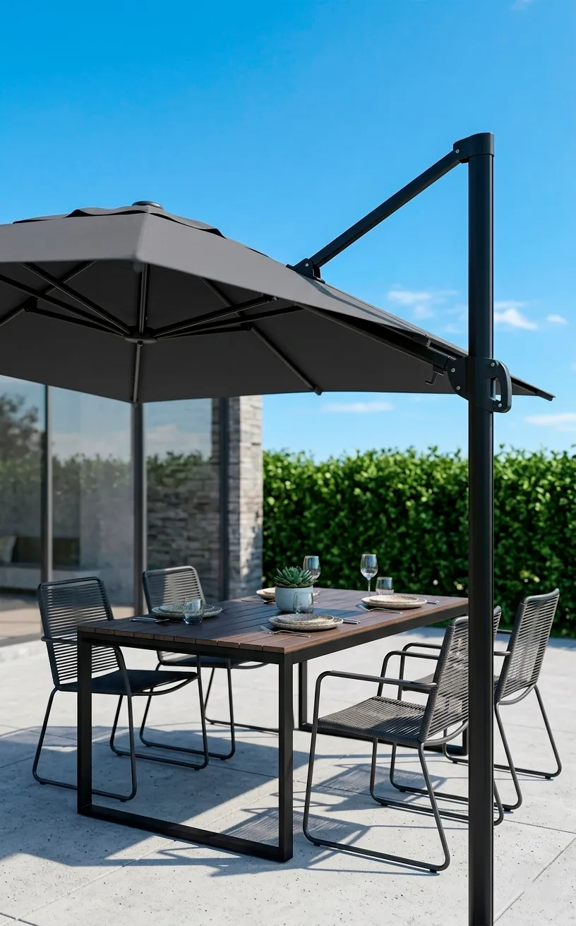 Large charcoal grey cantilever patio umbrella over a dining area.