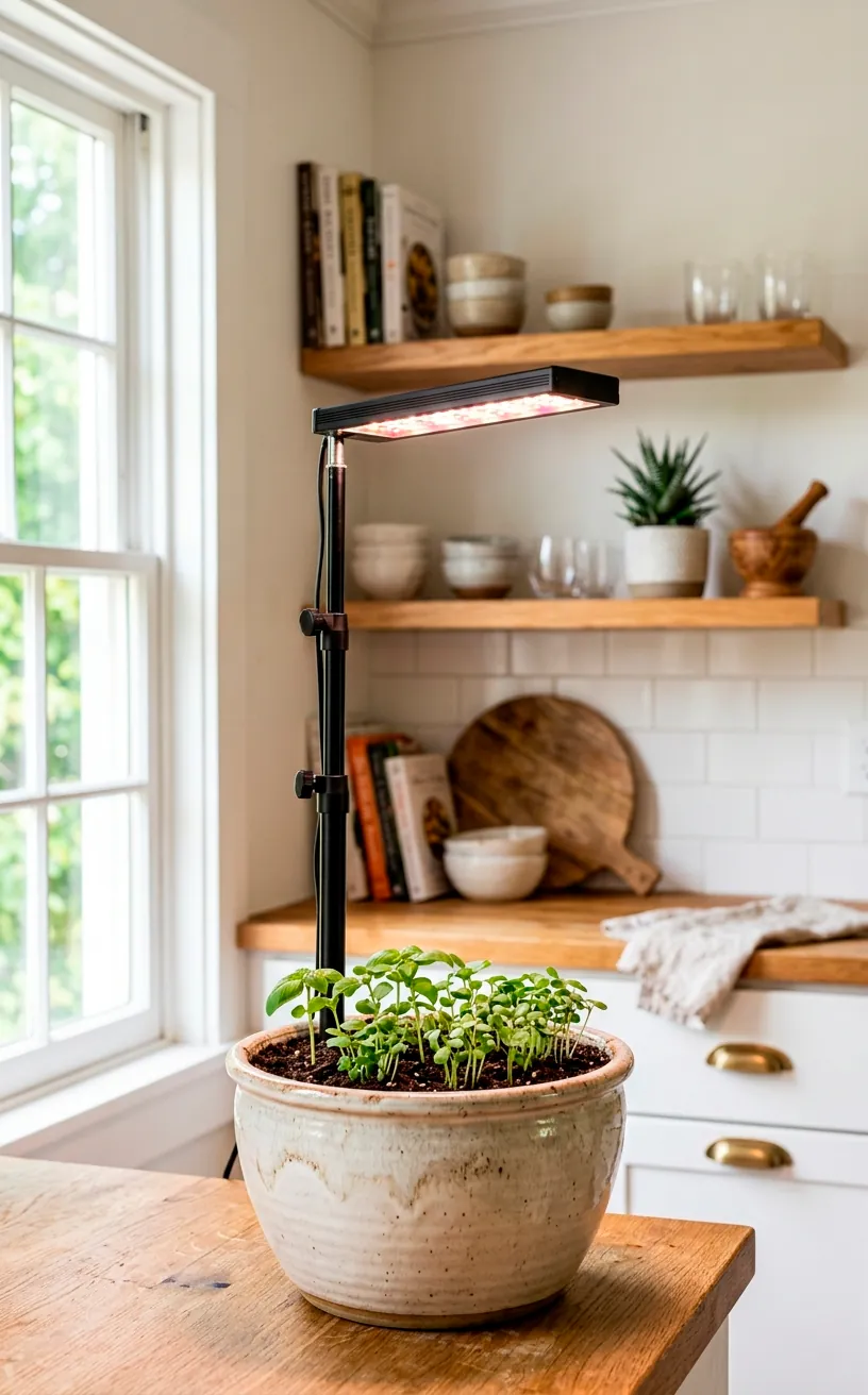Telescopic adjustable grow light standing in a ceramic pot with young herb seedlings.