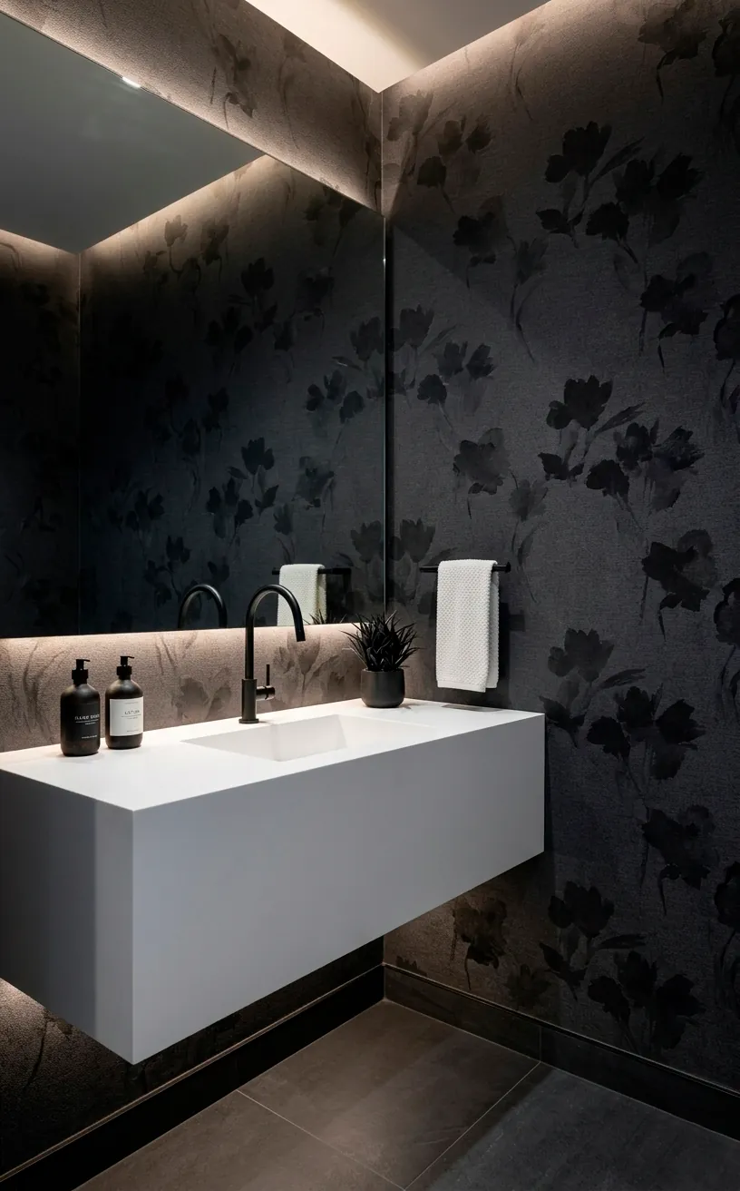 Modern bathroom with abstract charcoal floral wallpaper and a floating white vanity.