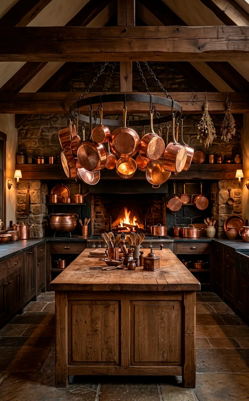 Gleaming hammered copper pots hanging in a rustic Mediterranean kitchen.
