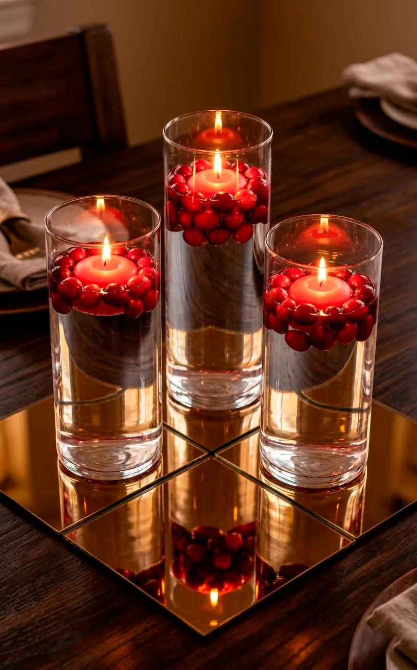 Three glass cylinders with floating red candles and cranberries on gold mirrors.