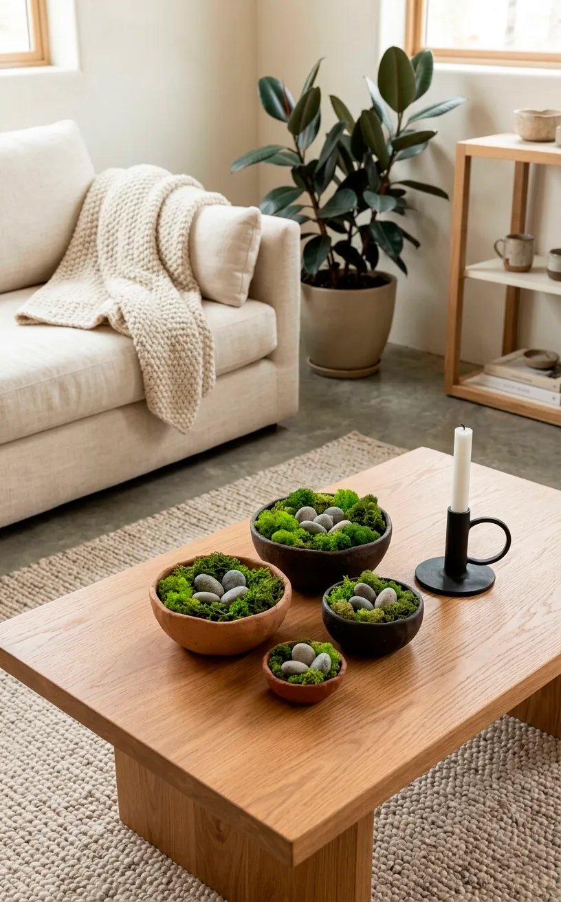 Preserved moss in clay pots with river stones on a wooden coffee table, Japandi aesthetic.