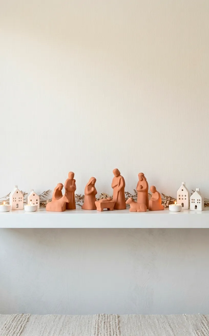 Minimalist terracotta nativity set on a white modern shelf.