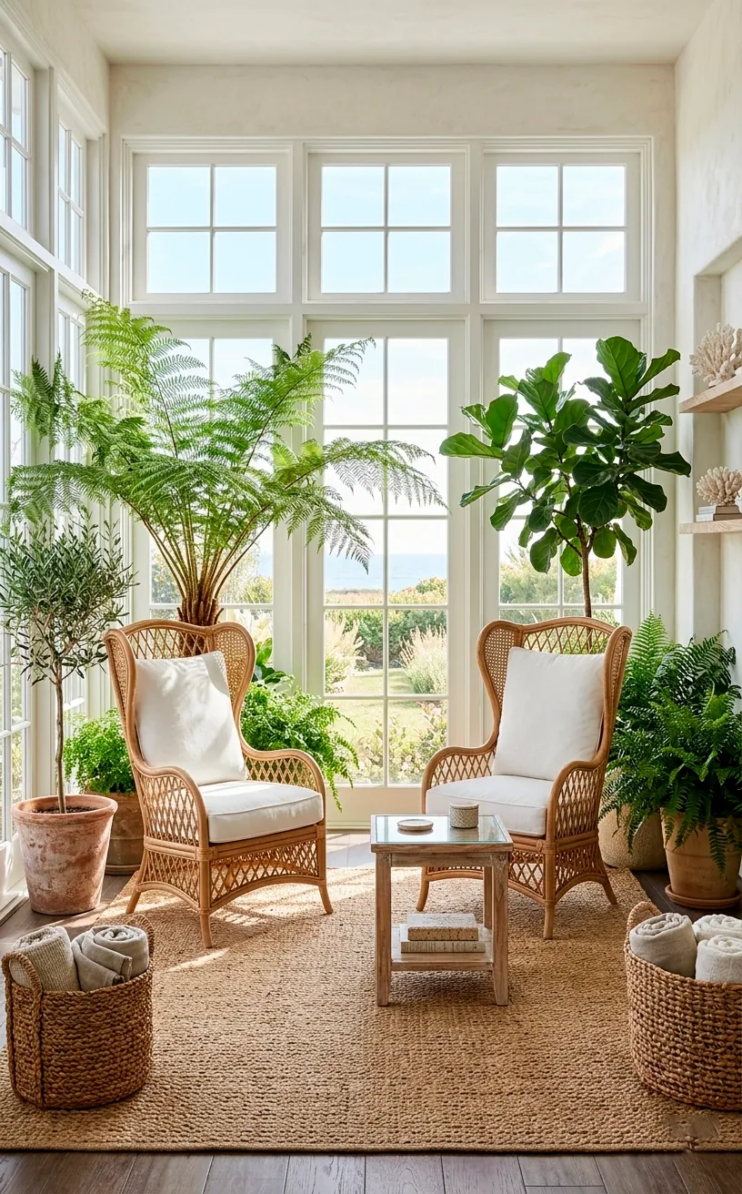 Elegant rattan furniture set in a sunlit room with natural seagrass textures and greenery.