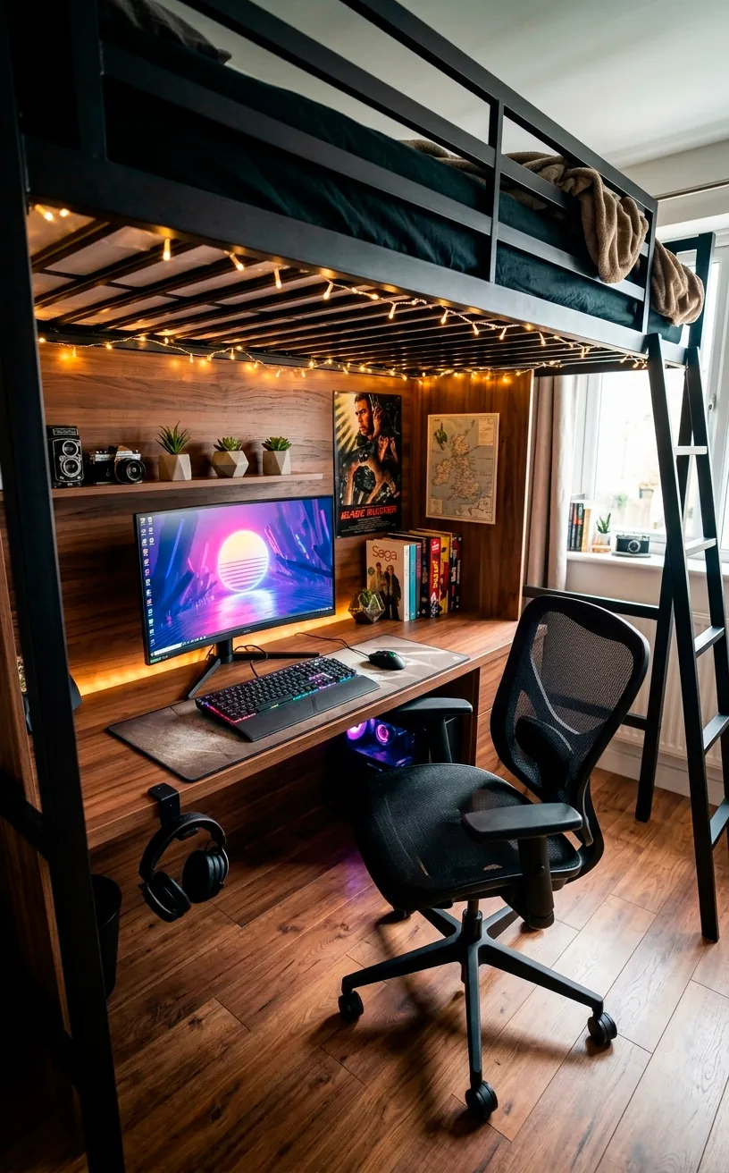 Black metal loft bed with a full wooden desk and gaming setup underneath in a modern bedroom.