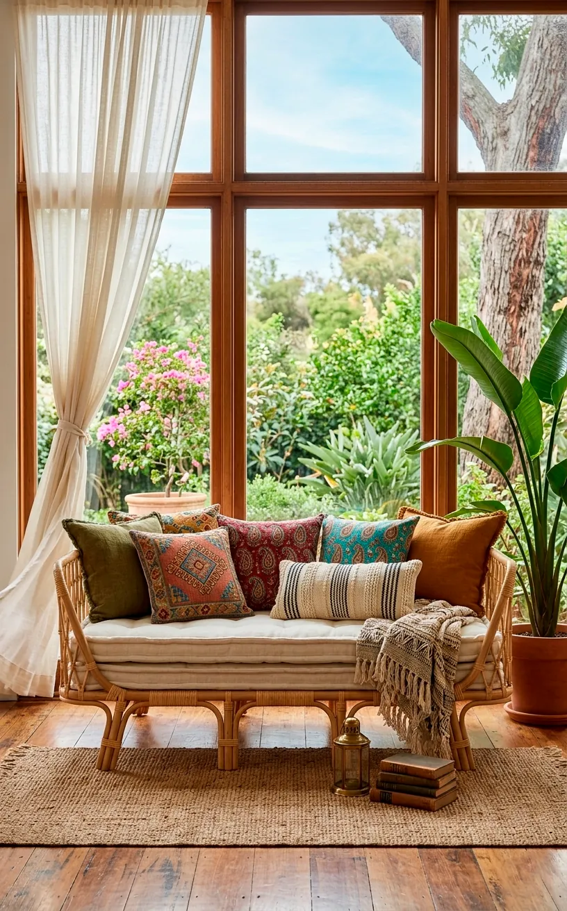 A comfortable rattan daybed with many pillows placed in front of large sunroom windows.